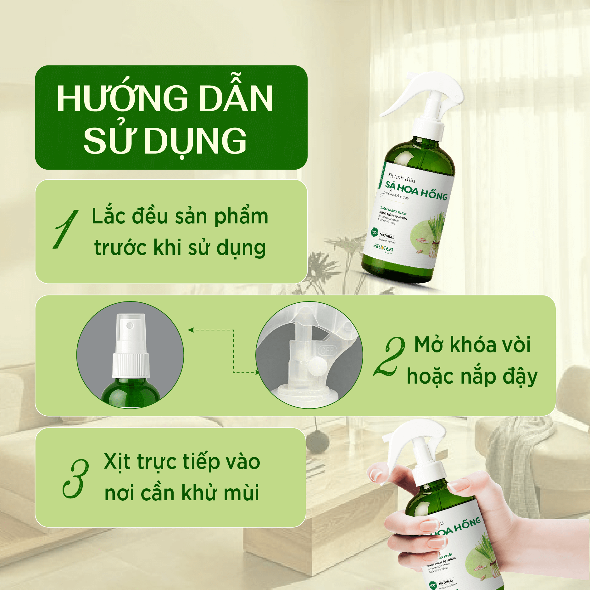 Hướng dẫn sử dụng tinh dầu xịt thơm Sả Hoa Hồng ABURA Hướng dẫn sử dụng tinh dầu xịt thơm Sả Hoa Hồng ABURA