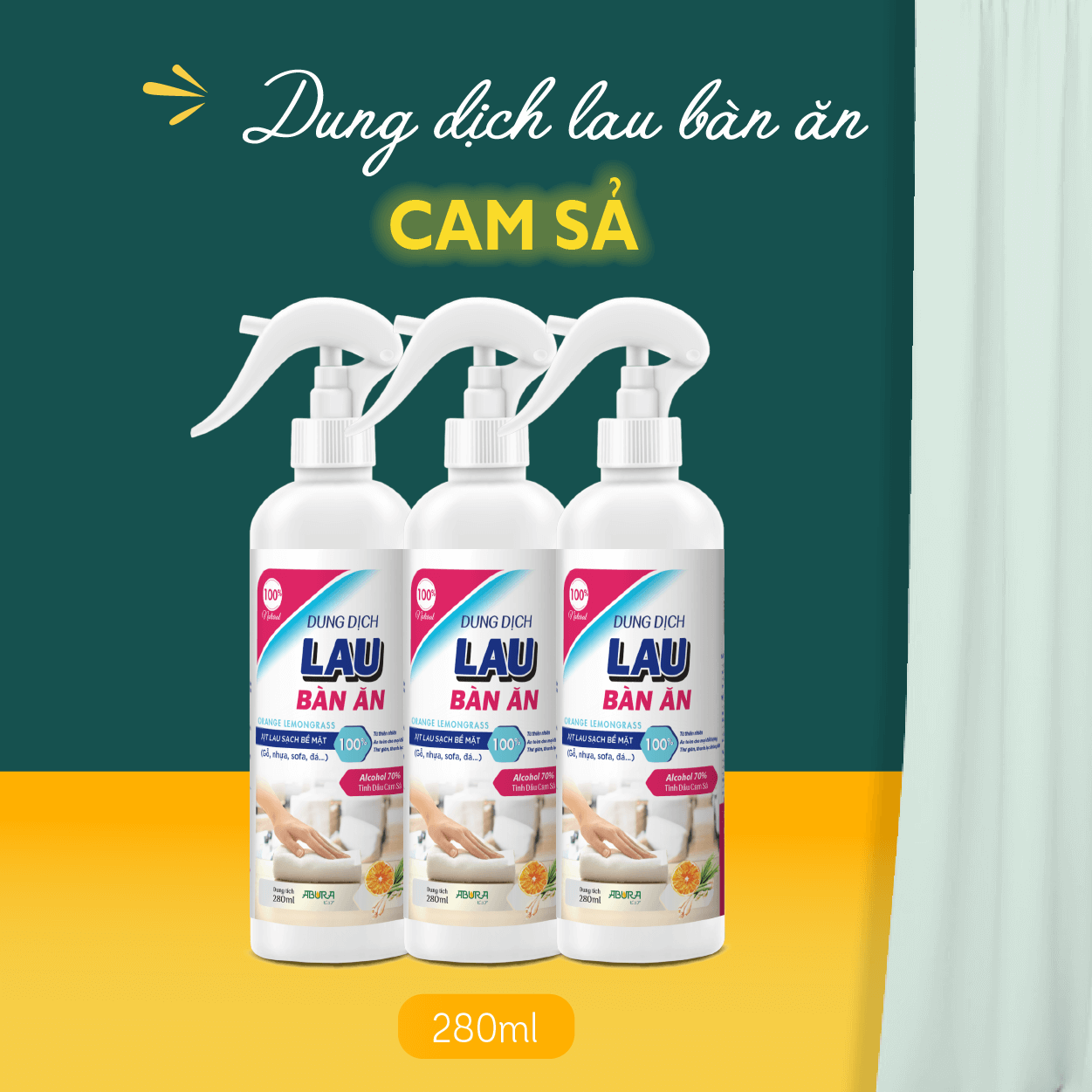 Dung dịch lau bàn ăn tinh dầu cam sả ABURA